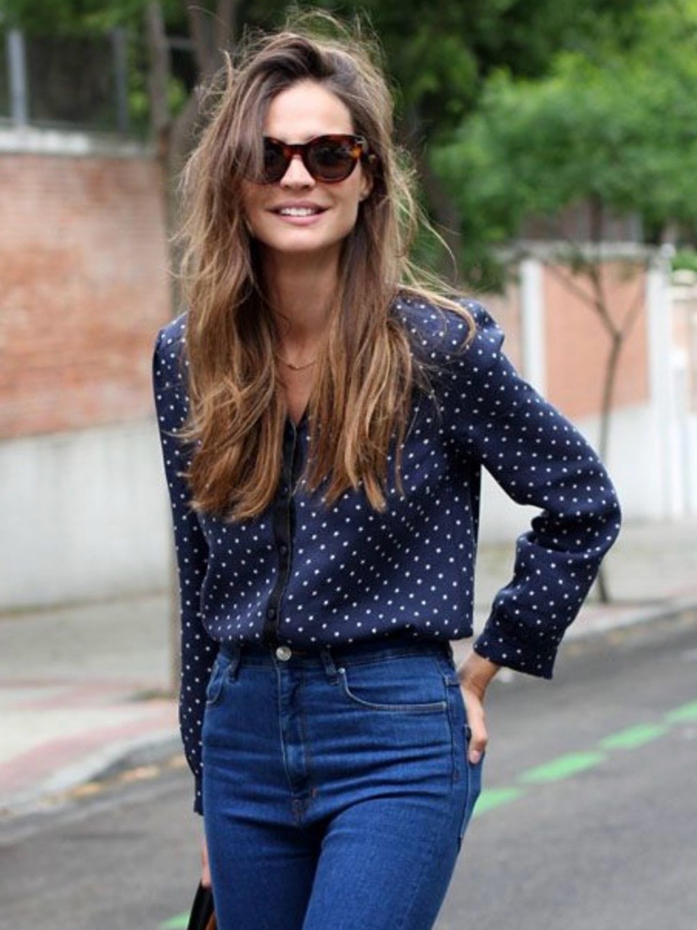 Maeve Navy Polka Dot Long Sleeve Top